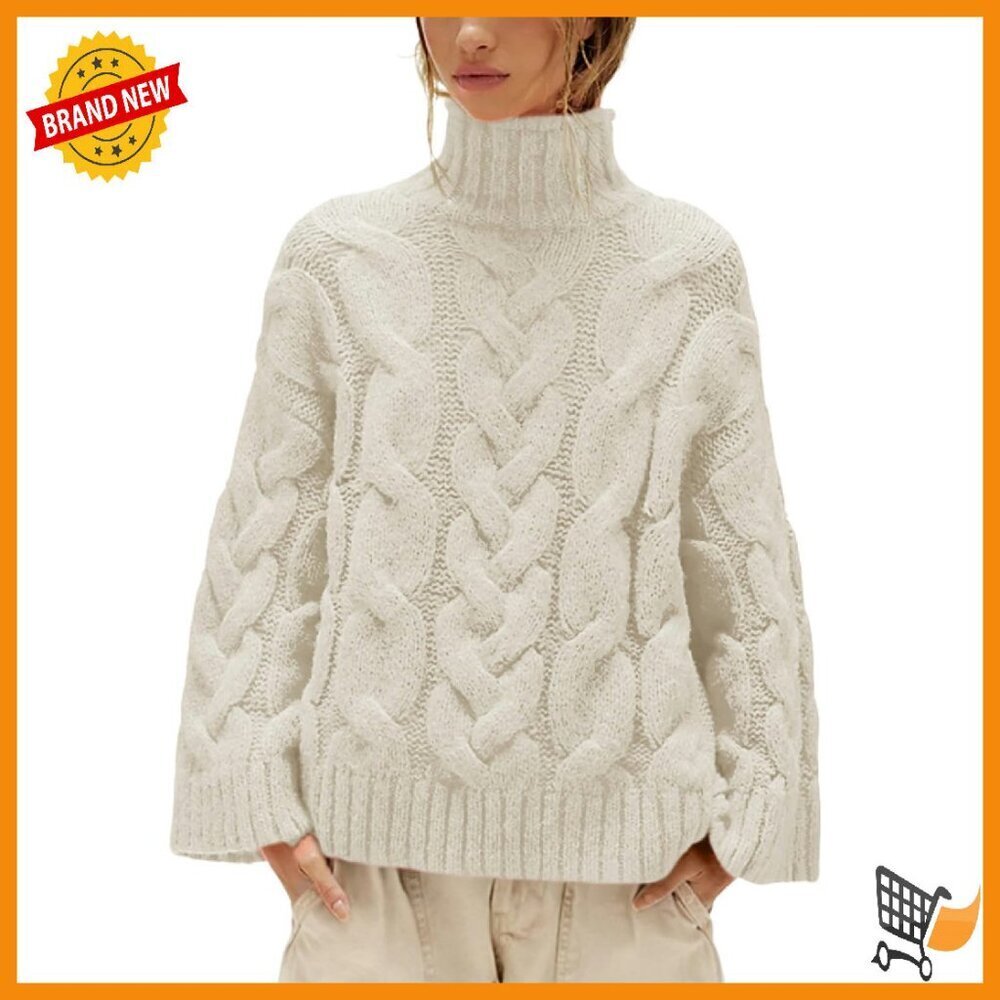 Oversized Cable Knit Turtleneck Sweater Chunky Soft Pullover Women's